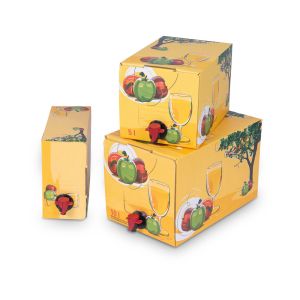 Bag-in-Box Karton gelb mit Apfelbaum und Apfel